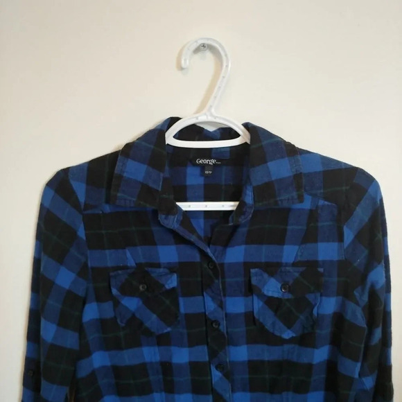 George Blue & Black Plaid Flannel Top, XS - Picture 2 of 6